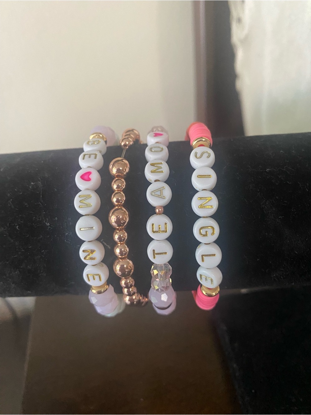 Customizable White Letter Bead Bracelet Set with Pink Accents